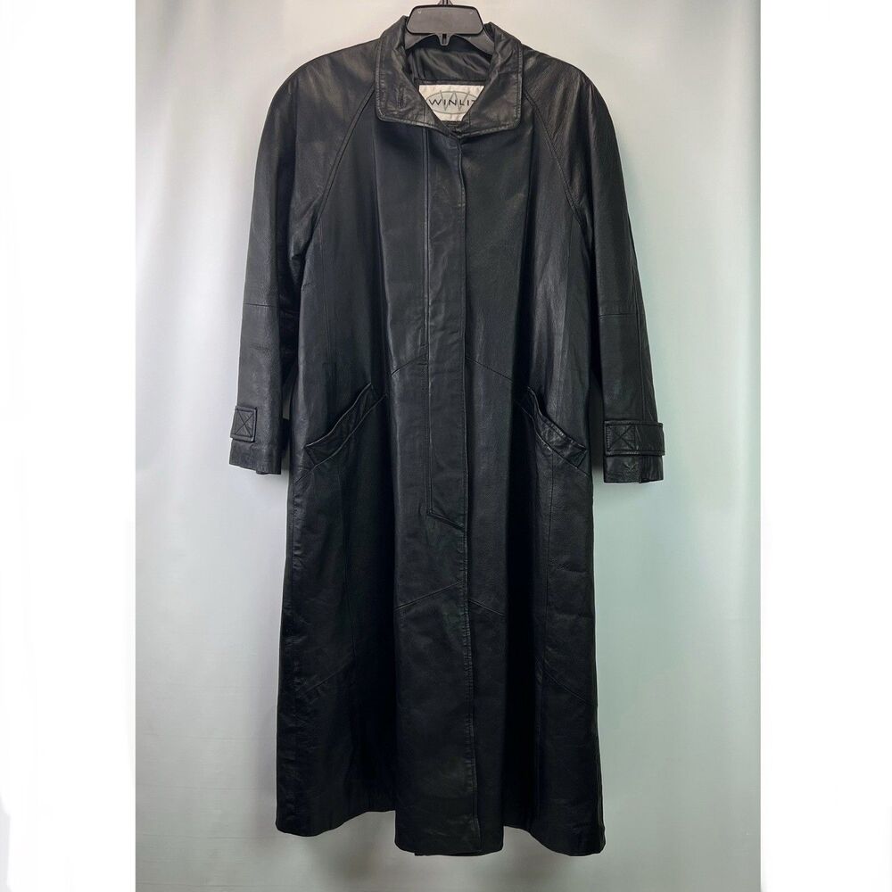 Winlit Black Leather Trench Coat Womens Size Small Long Jacket Vtg 80s Retro - Picture 1 of 10